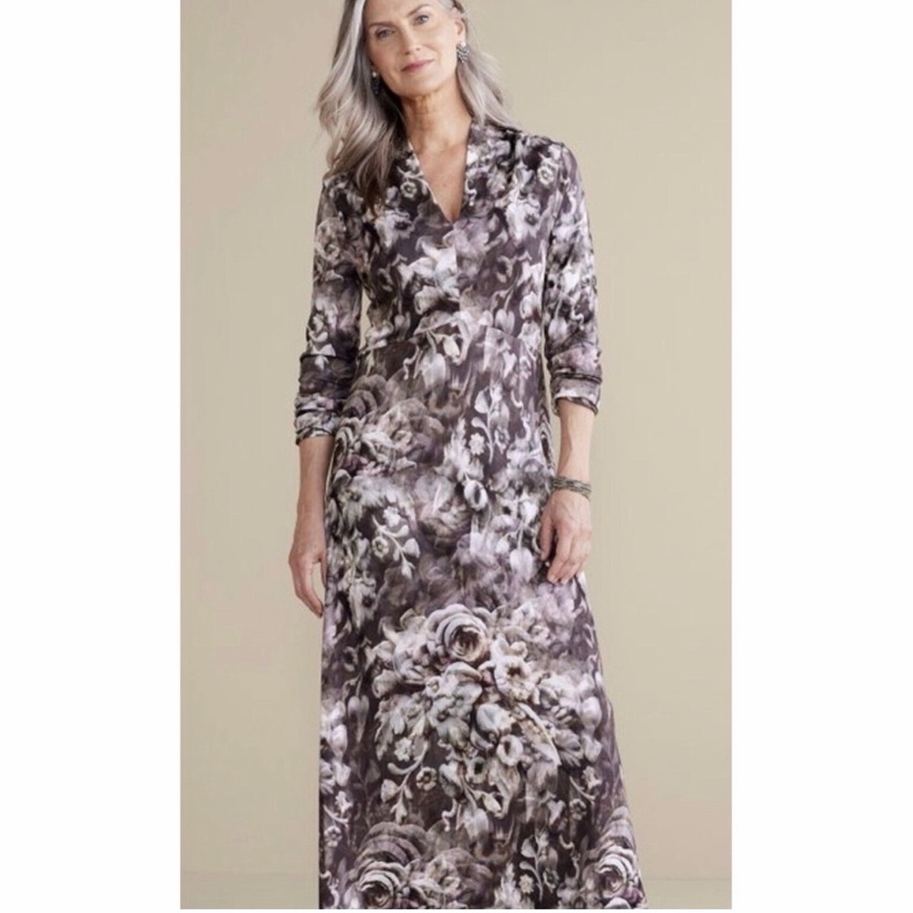 SOFT SURROUNDINGS Soft somerset Stretch Gray Floral Maxi Dress Size M Petite